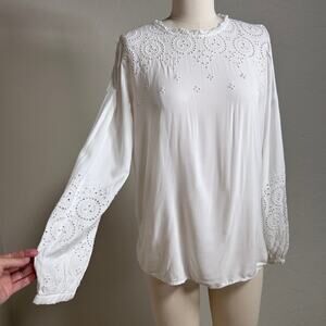 White Eyelet Embroidered Peasant Top Romantic Cottagecore Prairie Blouse Women M